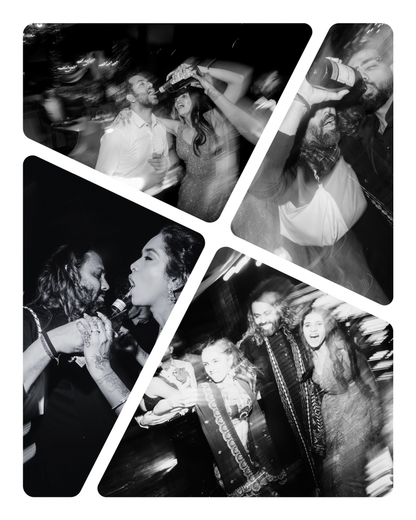 candid party photos of guests having fun at wedding