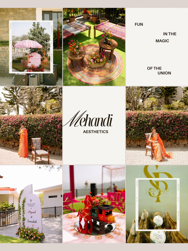 An editorial wedding photography collage showcasing vibrant mehndi décor, floral arrangements, colourful charpais, wedding favours, and a bride in an orange traditional lehenga posing in a sunlit garden.
