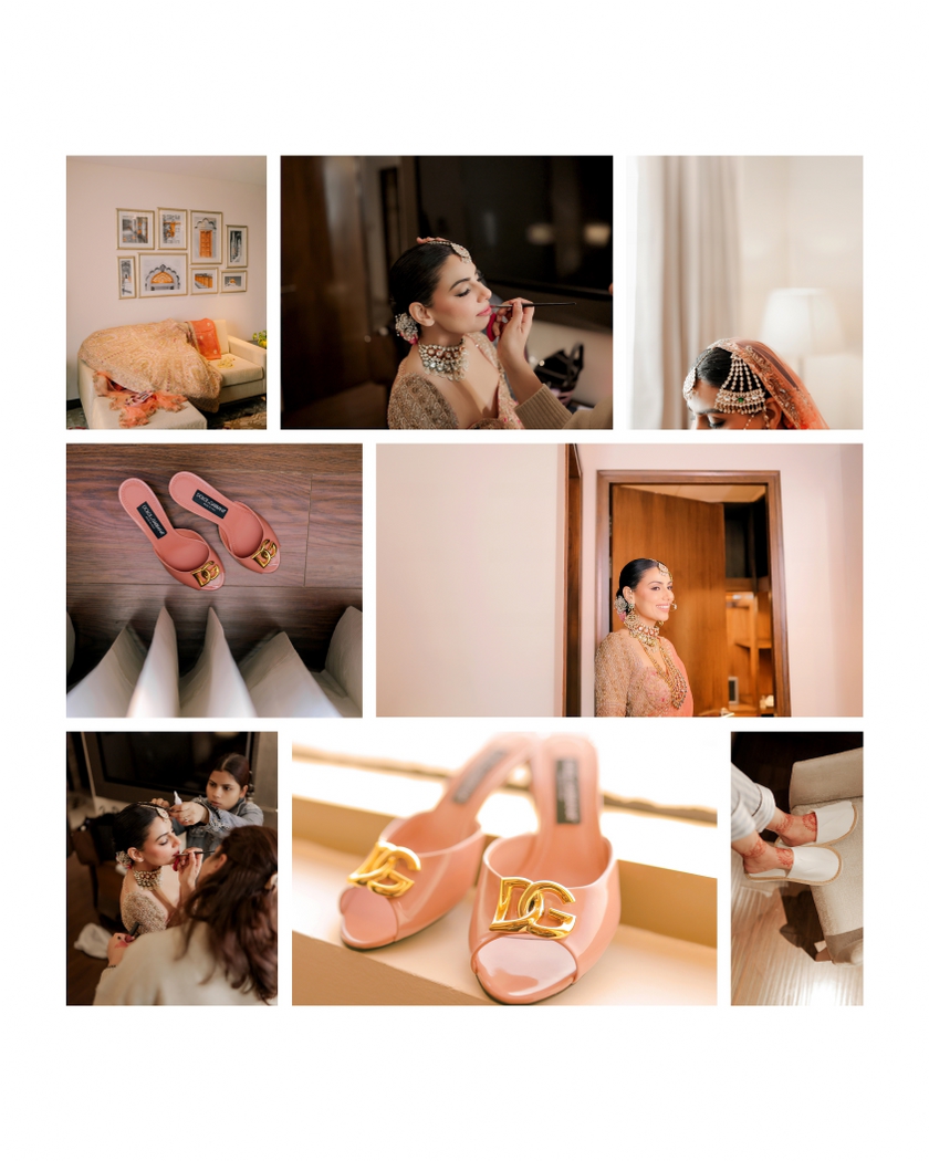 Bridal getting-ready moments featuring makeup, jewellery, designer heels, and intimate portraits captured before the wedding ceremony. | Studio Memory Lane
