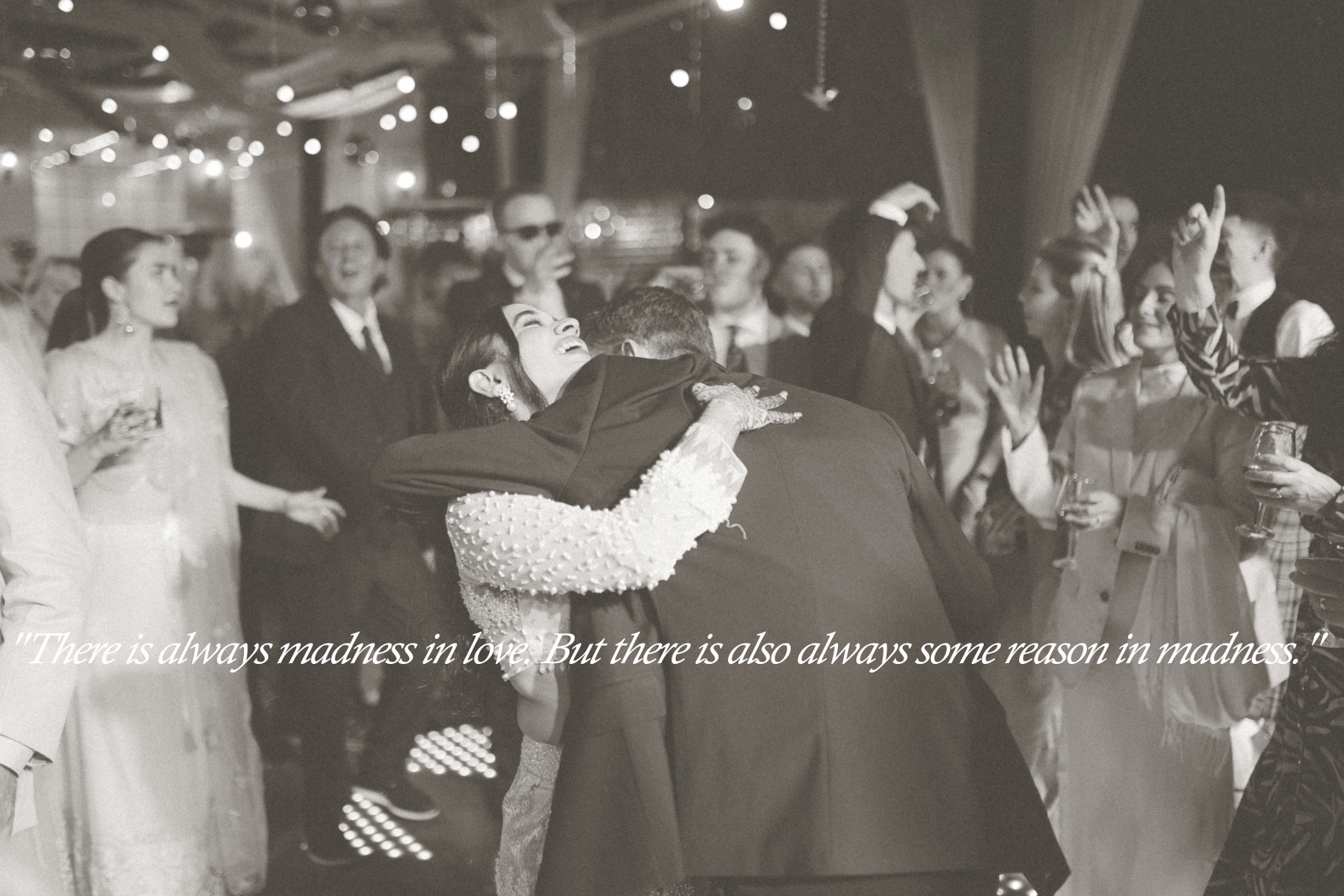 Harwarming moment between bride and groom hugging each other during their sangeet ceremony