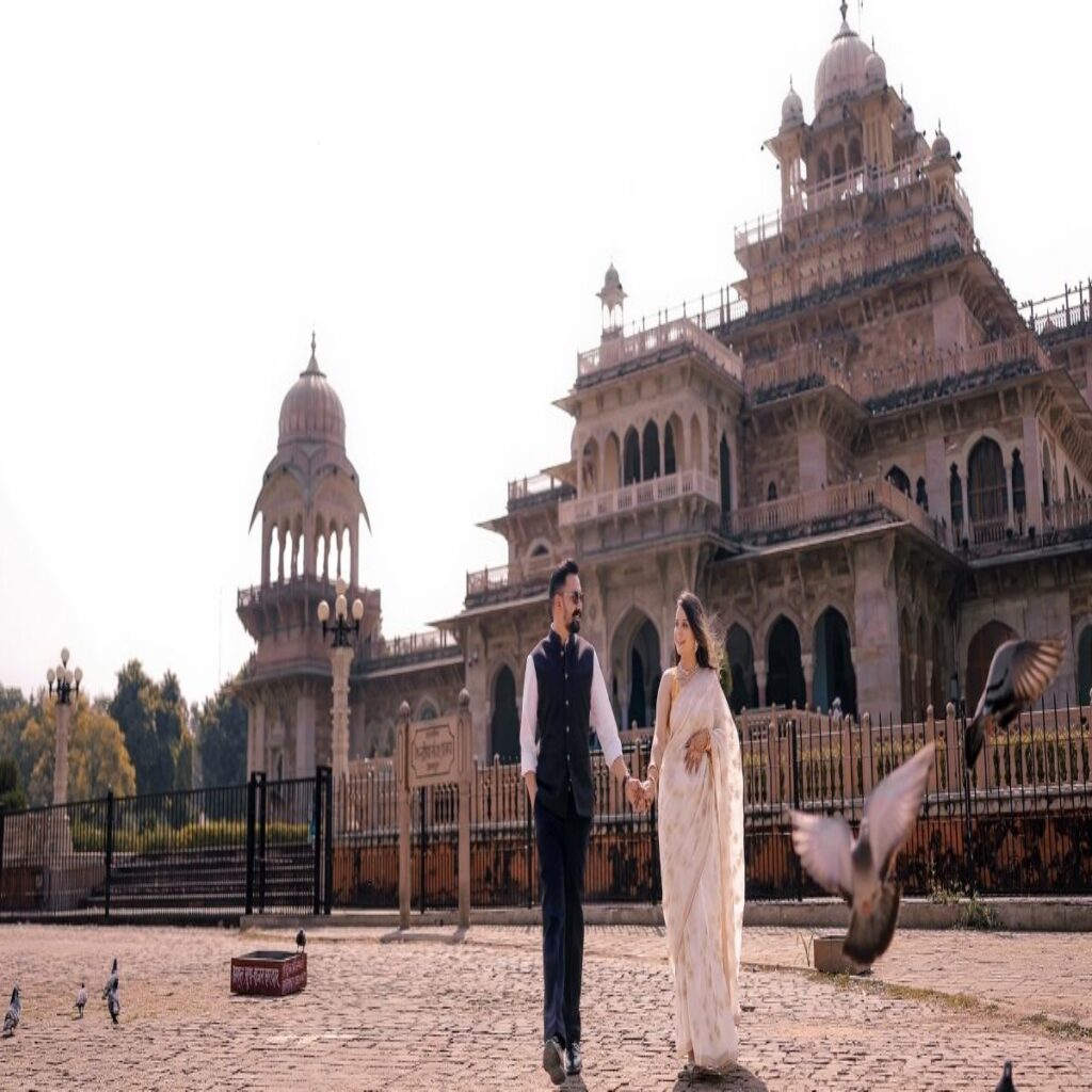 Editorial photo of couple standing in front of Albert hall Jaipur